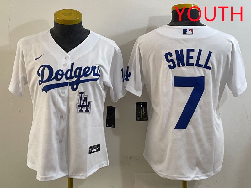 Youth Los Angeles Dodgers #7 Snell White Game 2025 Nike MLB Jersey style 9